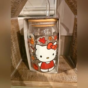 Hello Kitty Glass 16oz Thanksgiving/Fall Tumbler with Bamboo Lid & Straw